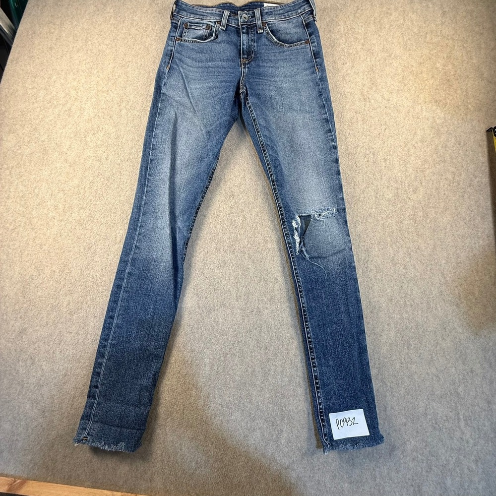 Rag & Bone Cate Mid-Rise Skinny Jeans Blue Distressed Raw Hem Size 25
